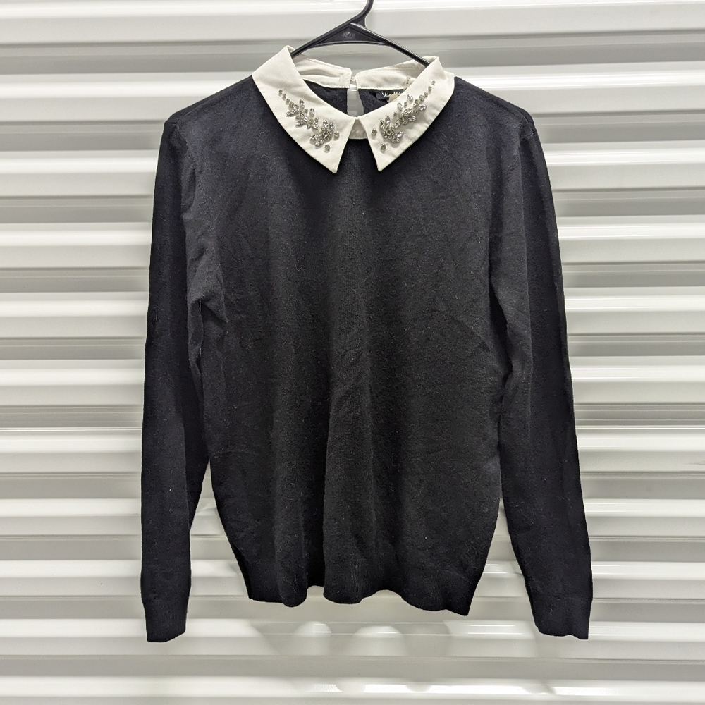 Preppy Whimsigoth Dark Academia Black‎ Sweater Embellished White Collar